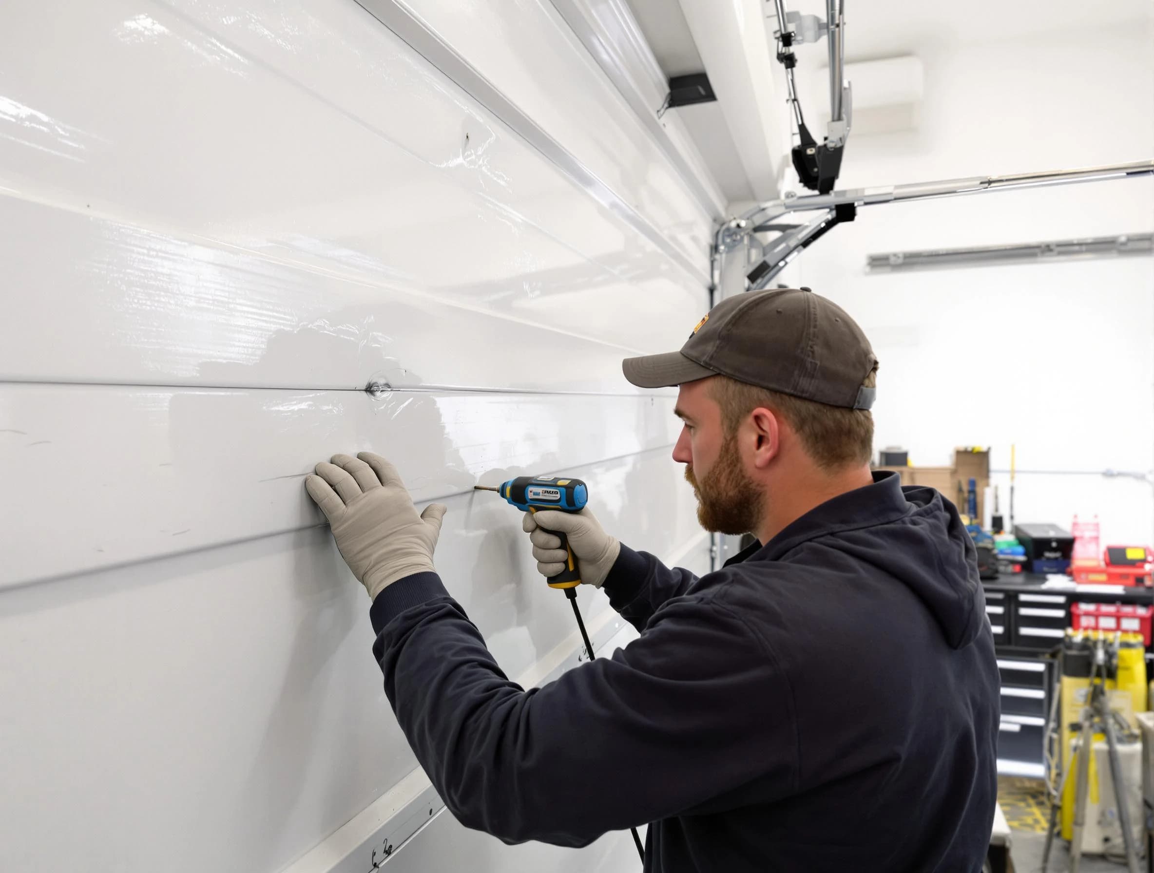 Taylorsville Garage Door Repair technician demonstrating precision dent removal techniques on a Taylorsville garage door